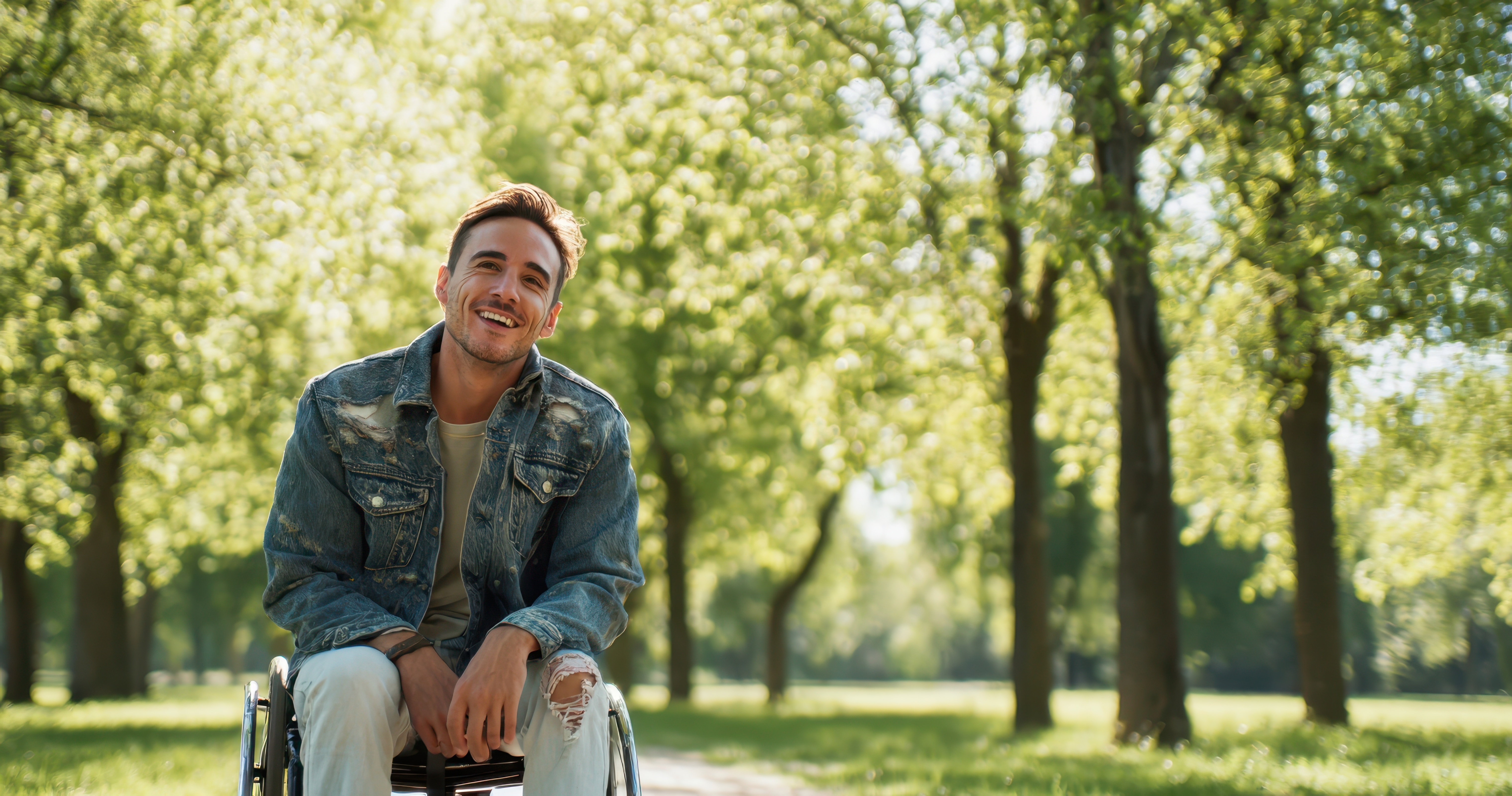 ORTHOPARTNER – Junger Mann im Rollstuhl, sonniger Park, Medizintechnik Porta